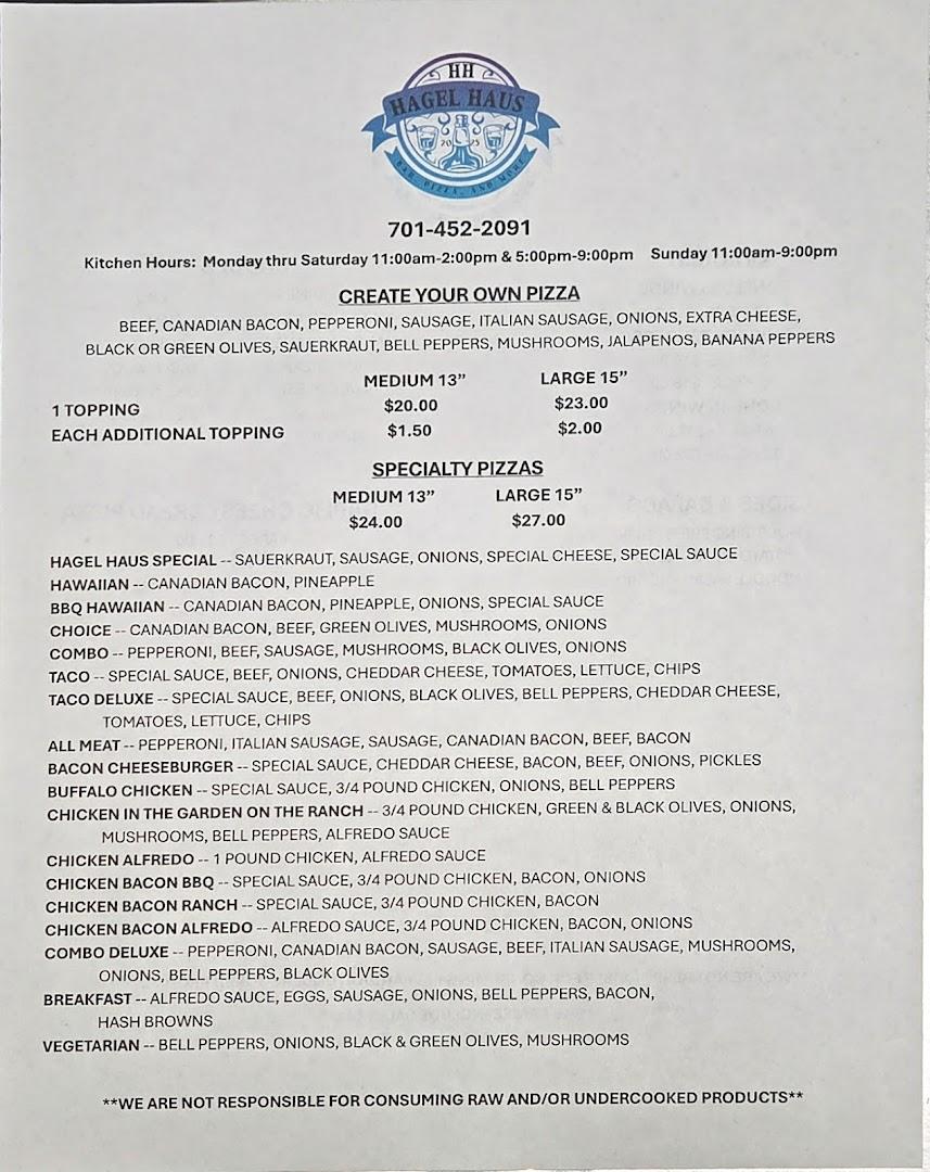 Hagel Haus Bar and Pizza Menu